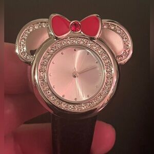 Disney Store Silver and Black w/rhinestone & Leather Band Watch